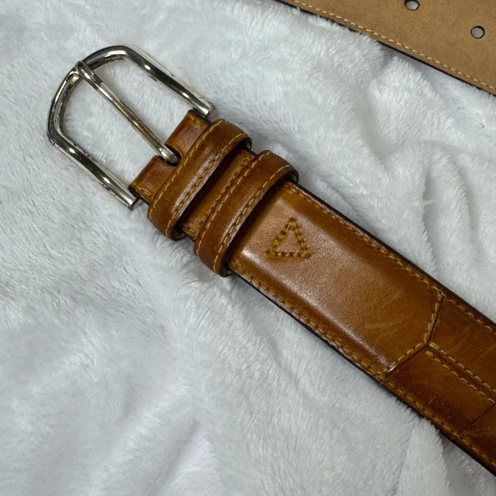 Bullock &‎ Jones Mens Tan Leather Belt Silver Buckle Sz 40 Contrast Stitching